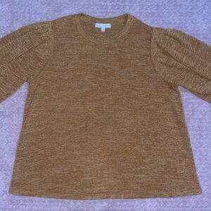 Eri + Ali Womens Mustard Yellow Puff Sleeve Crew Neck Sweatshirt Blouse